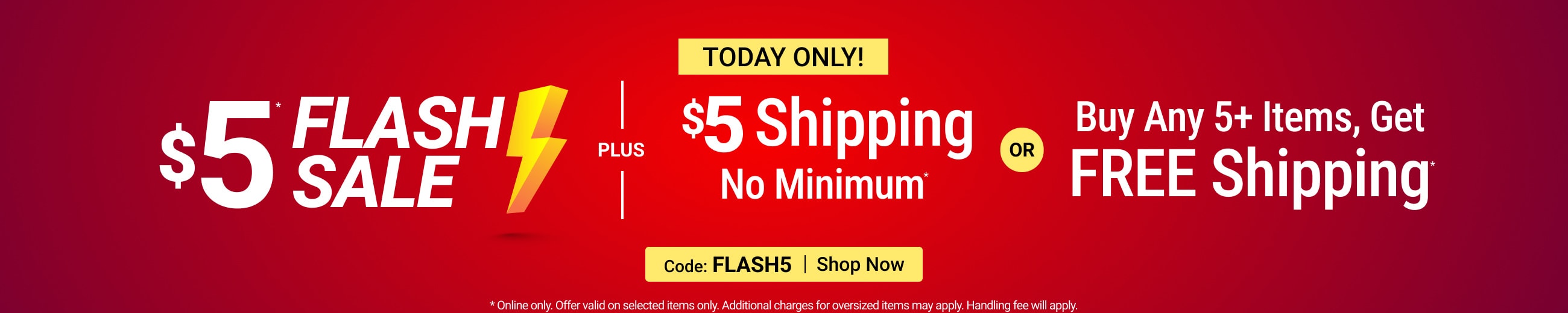 $5 Flash sale plus $5 shipping or buy 5 items get free shipping - shop now